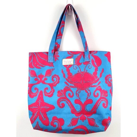 Estee Launder Handbags - Lilly Pulitzer Estee Lauder Pink And Blue Canvas Tote Bag Beach Ocean Sea Theme